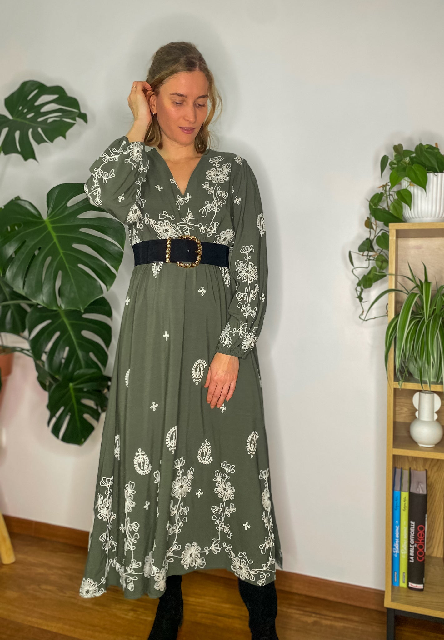 Robe Chloé longue kaki broderie - Margothe