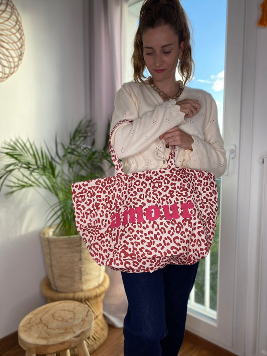 Tote Bag Amour léopard rose