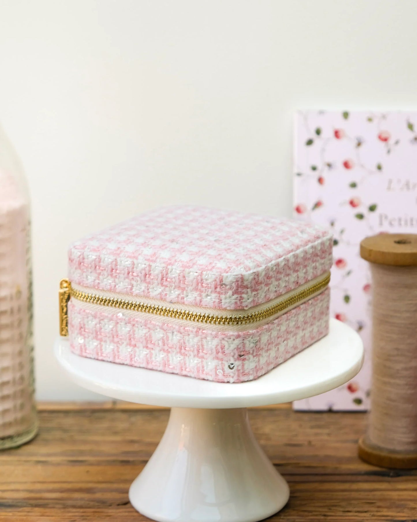 Boîte à bijoux de voyage Corinne en pied-de-poule rose - Margothe