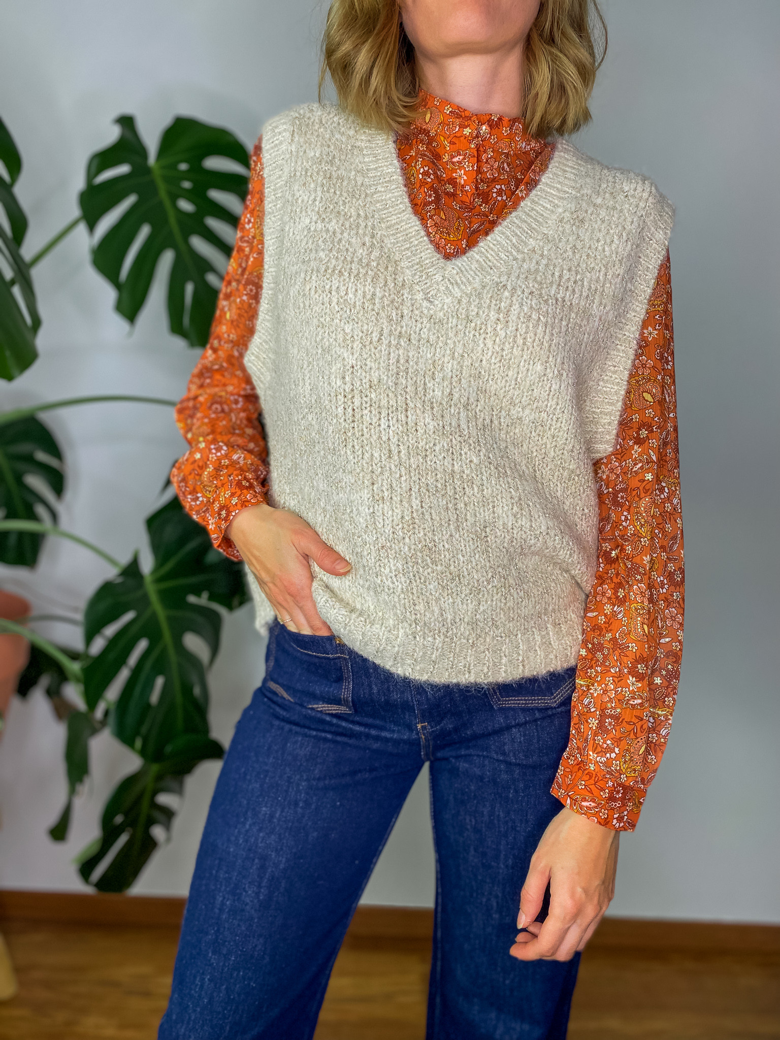 Pull Clémence sans manches beige et doré