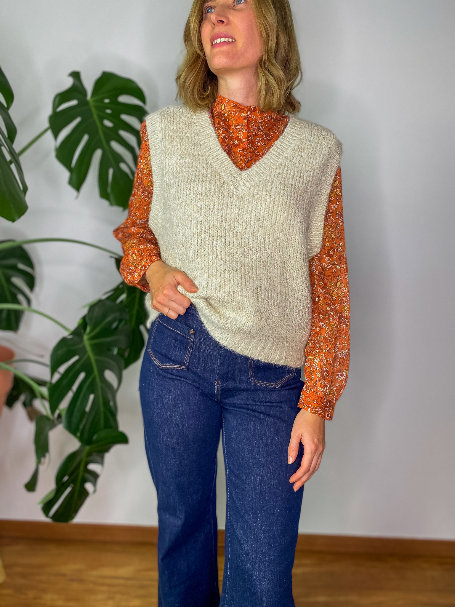 Pull Clémence sans manches beige et doré