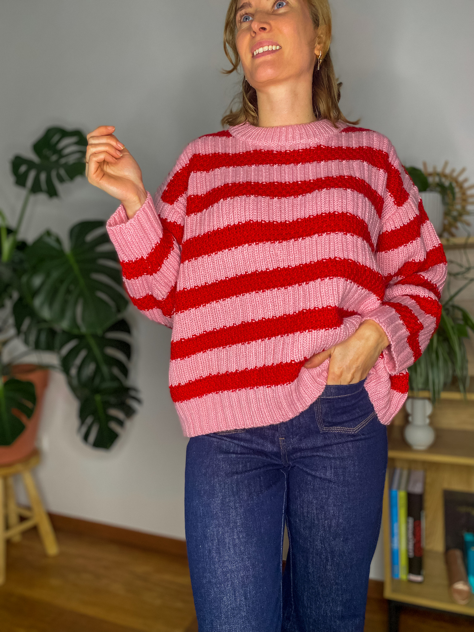 Pull à rayures Léa rose et rouge