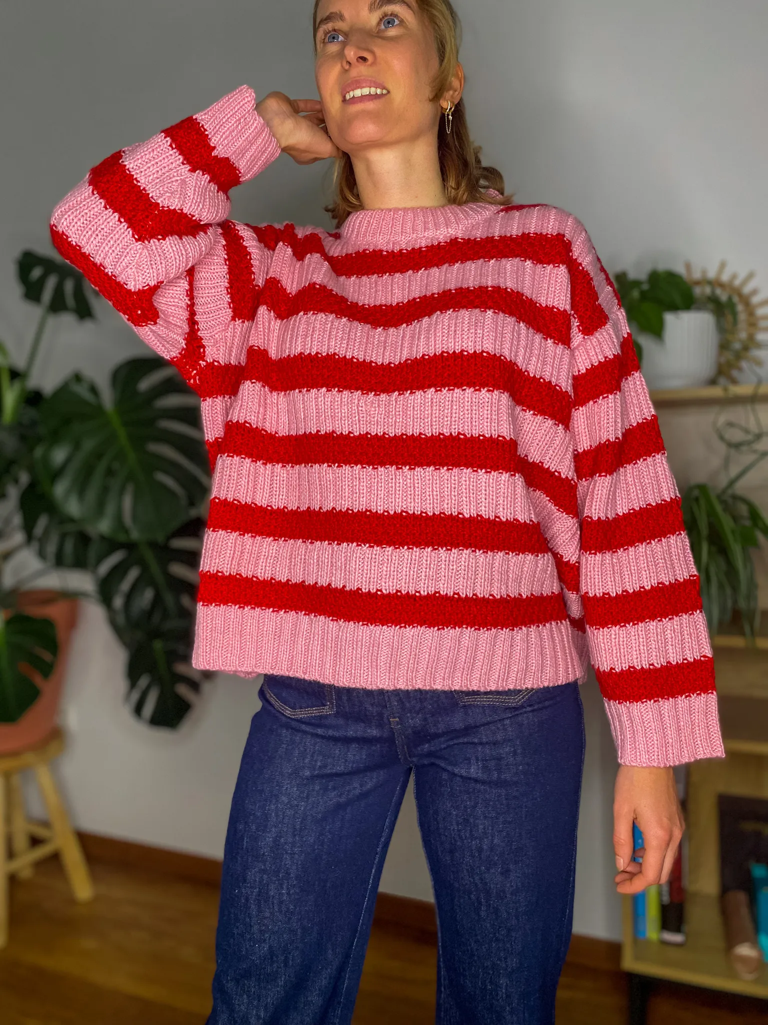 Pull à rayures Léa rose et rouge