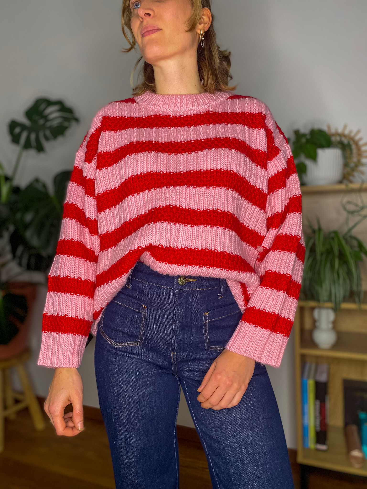 Pull à rayures Léa rose et rouge