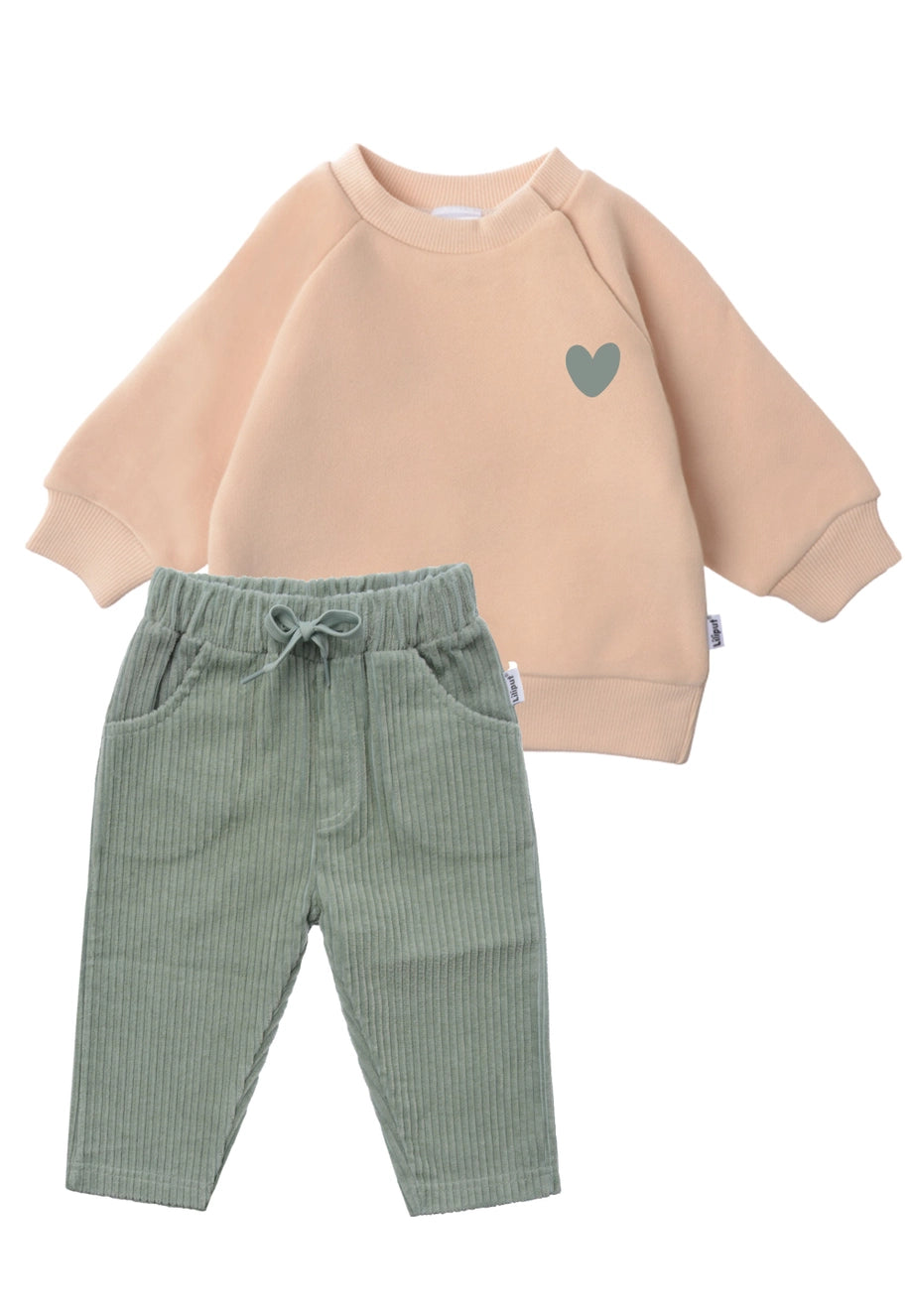 Ensemble 2 pièces avec sweat-shirt beige et pantalon en velours côtelé