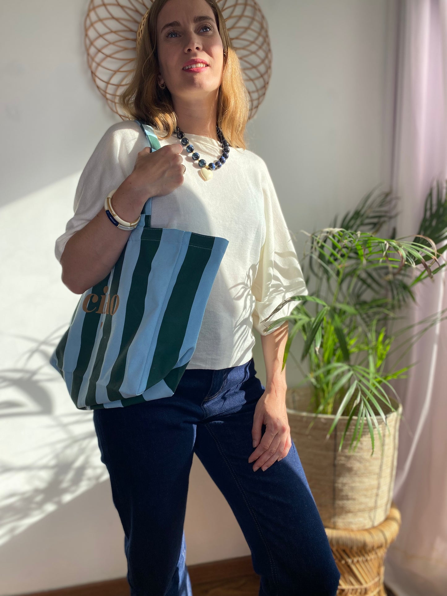 Tote Bag Amour rayé bleu