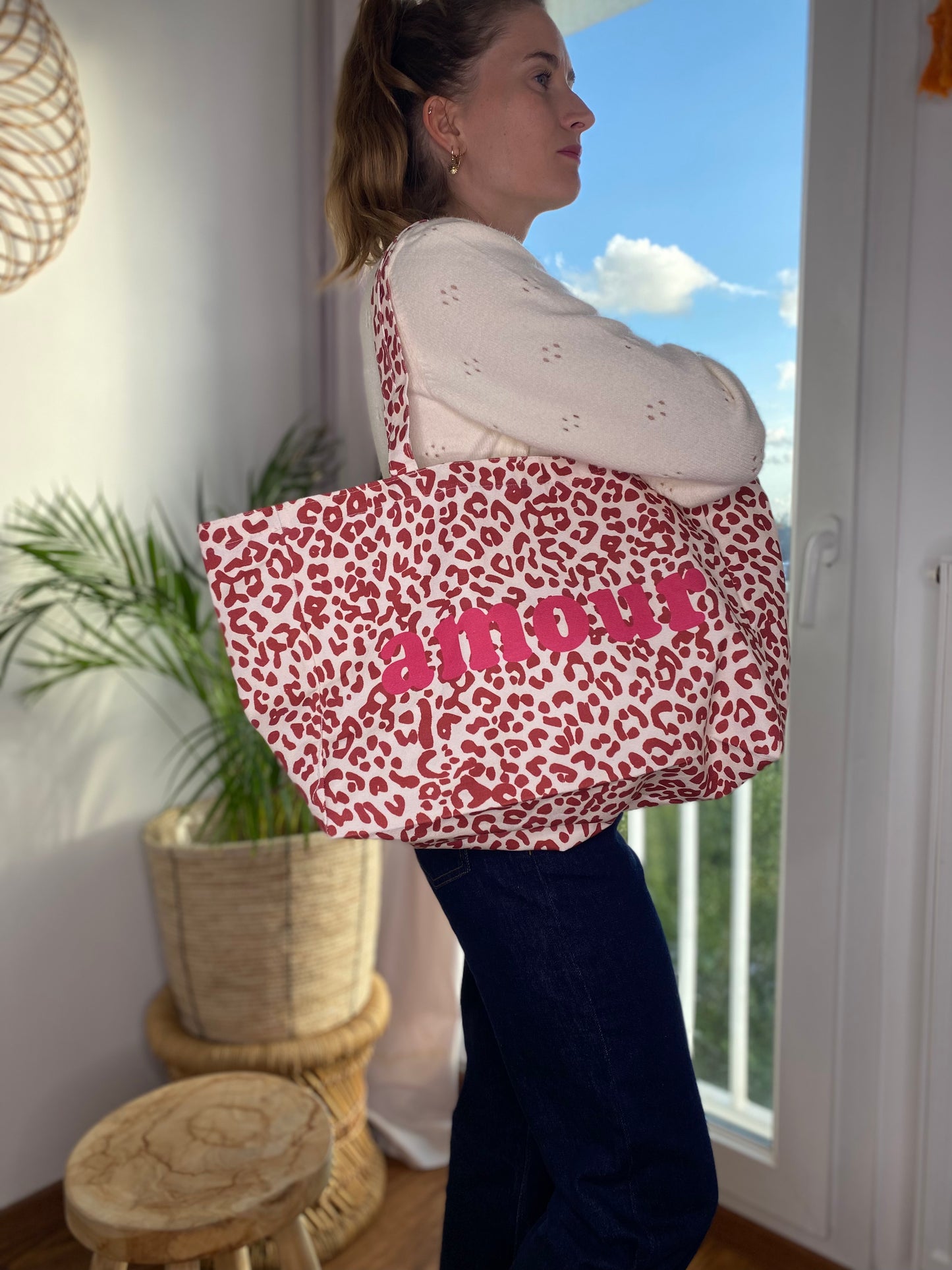 Tote Bag Amour léopard rose