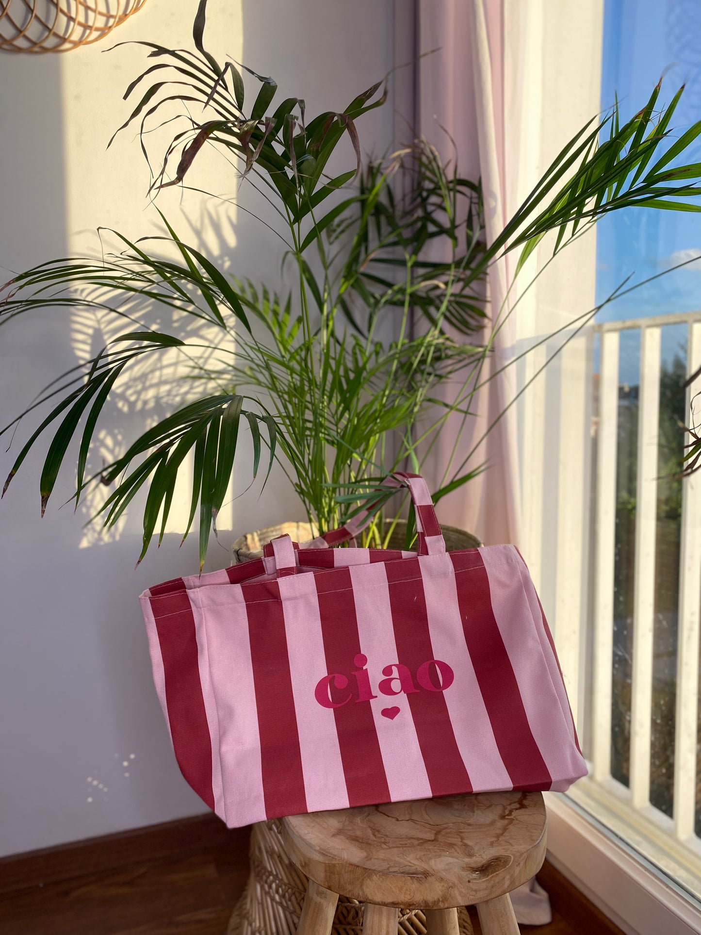 Tote Bag Amour rayé rose