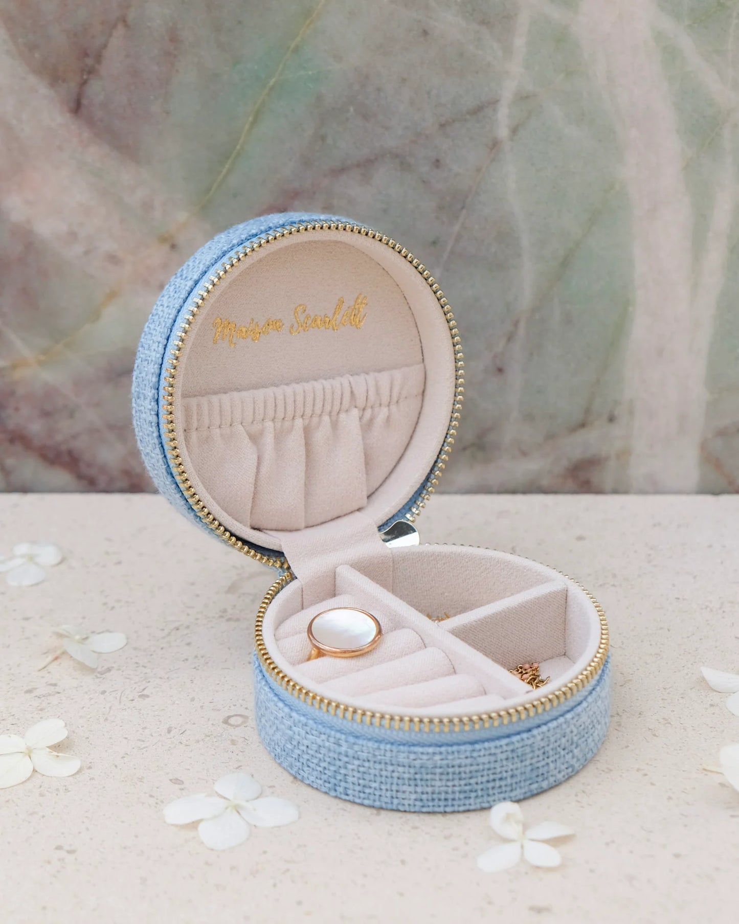 Boîte à bijoux de voyage Yvonne effet lin bleu - Margothe