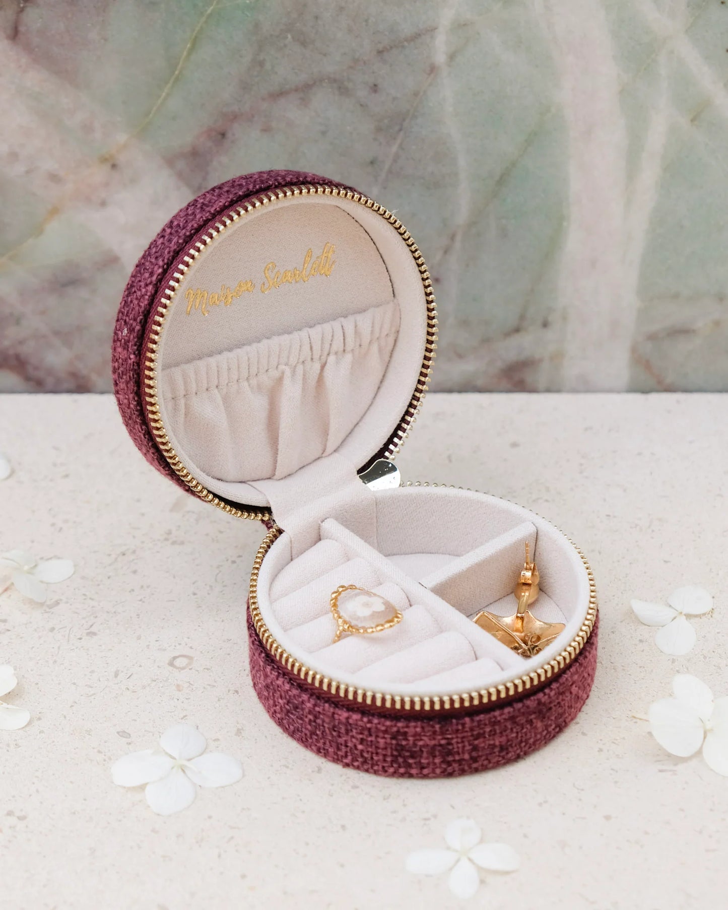 Boîte à bijoux de voyage Yvonne effet lin bordeaux - Margothe