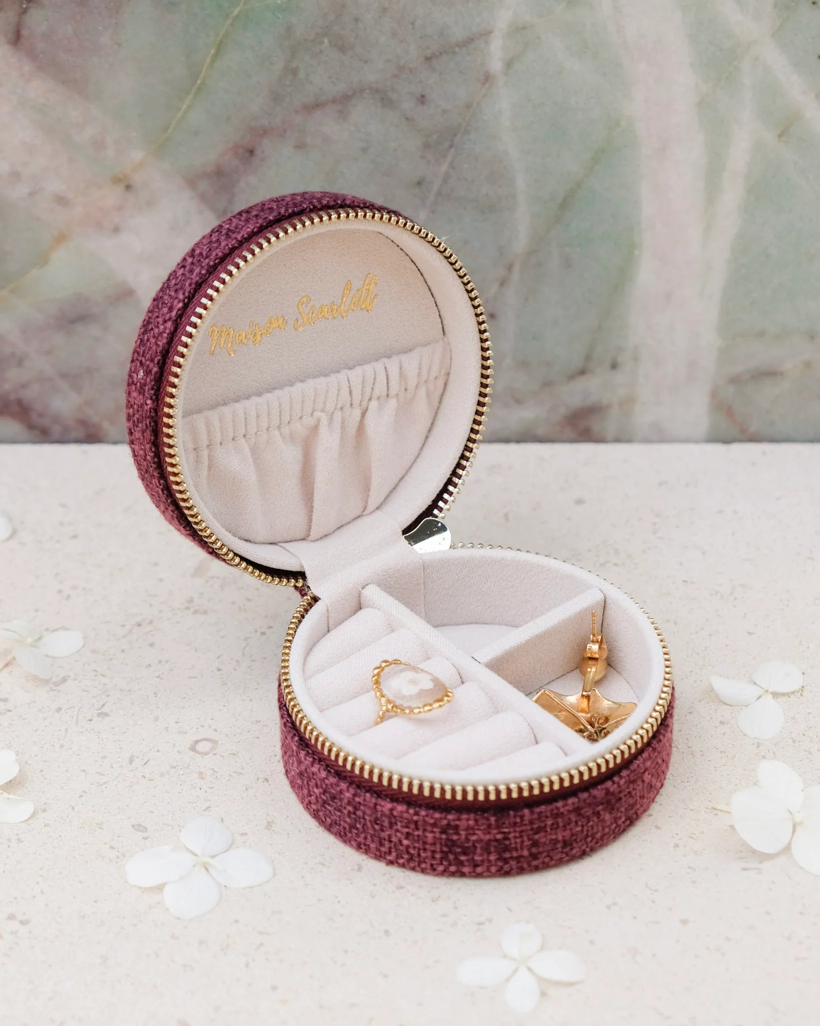 Boîte à bijoux de voyage Yvonne effet lin bordeaux - Margothe