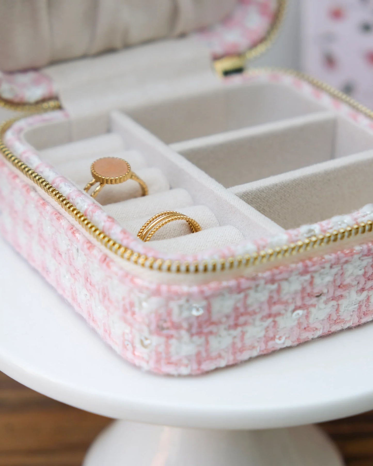 Boîte à bijoux de voyage Corinne en pied-de-poule rose - Margothe
