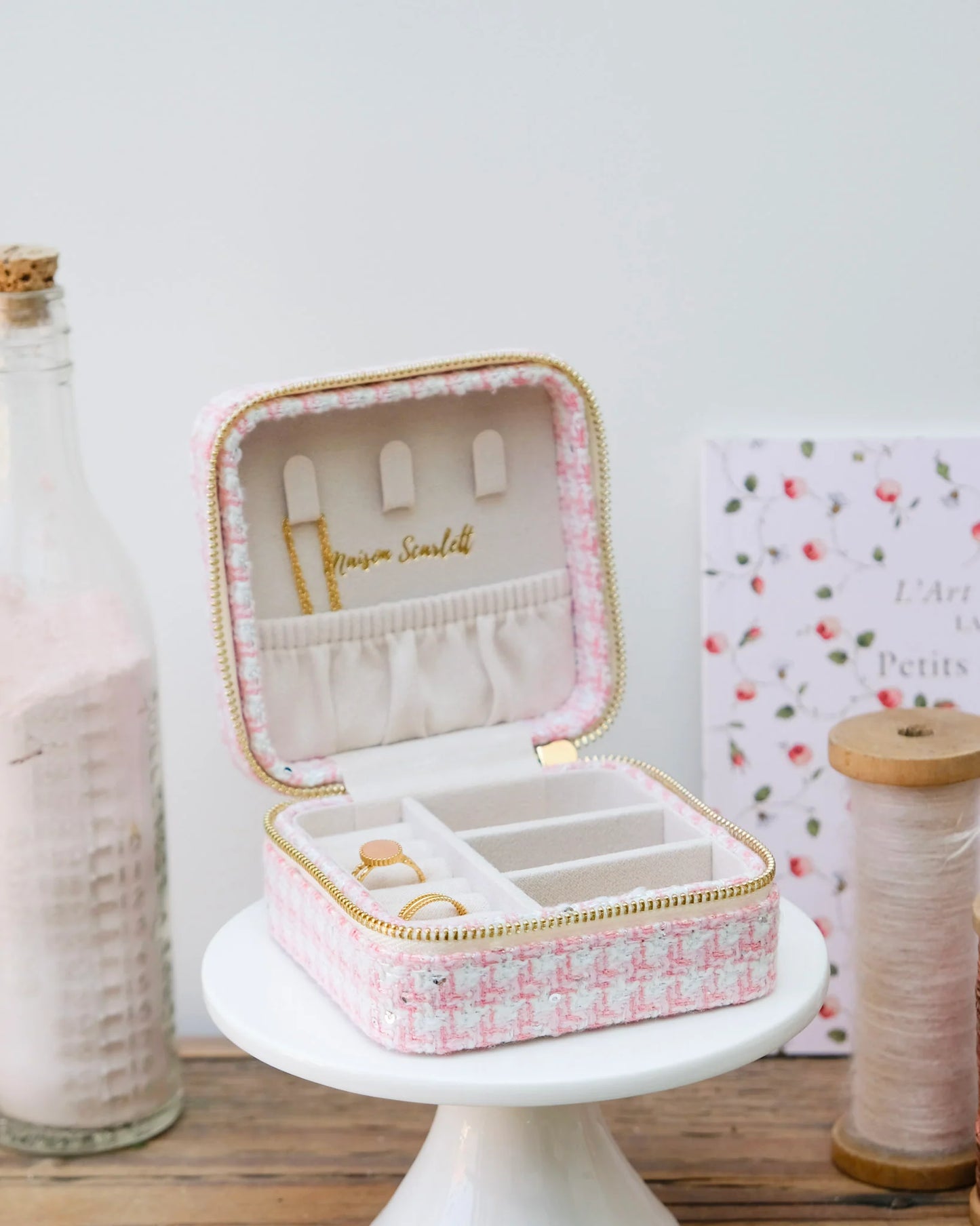 Boîte à bijoux de voyage Corinne en pied-de-poule rose - Margothe
