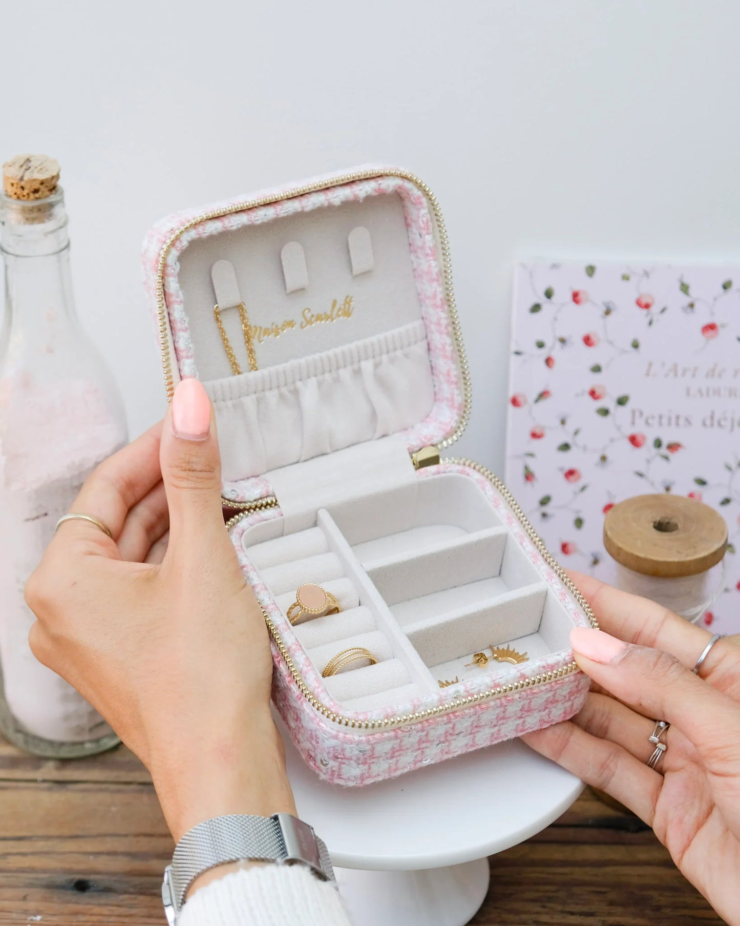 Boîte à bijoux de voyage Corinne en pied-de-poule rose - Margothe