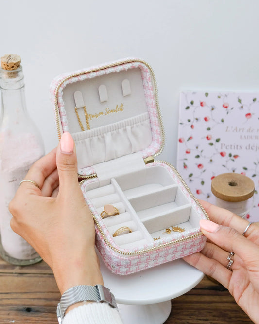 Boîte à bijoux de voyage Corinne en pied-de-poule rose - Margothe