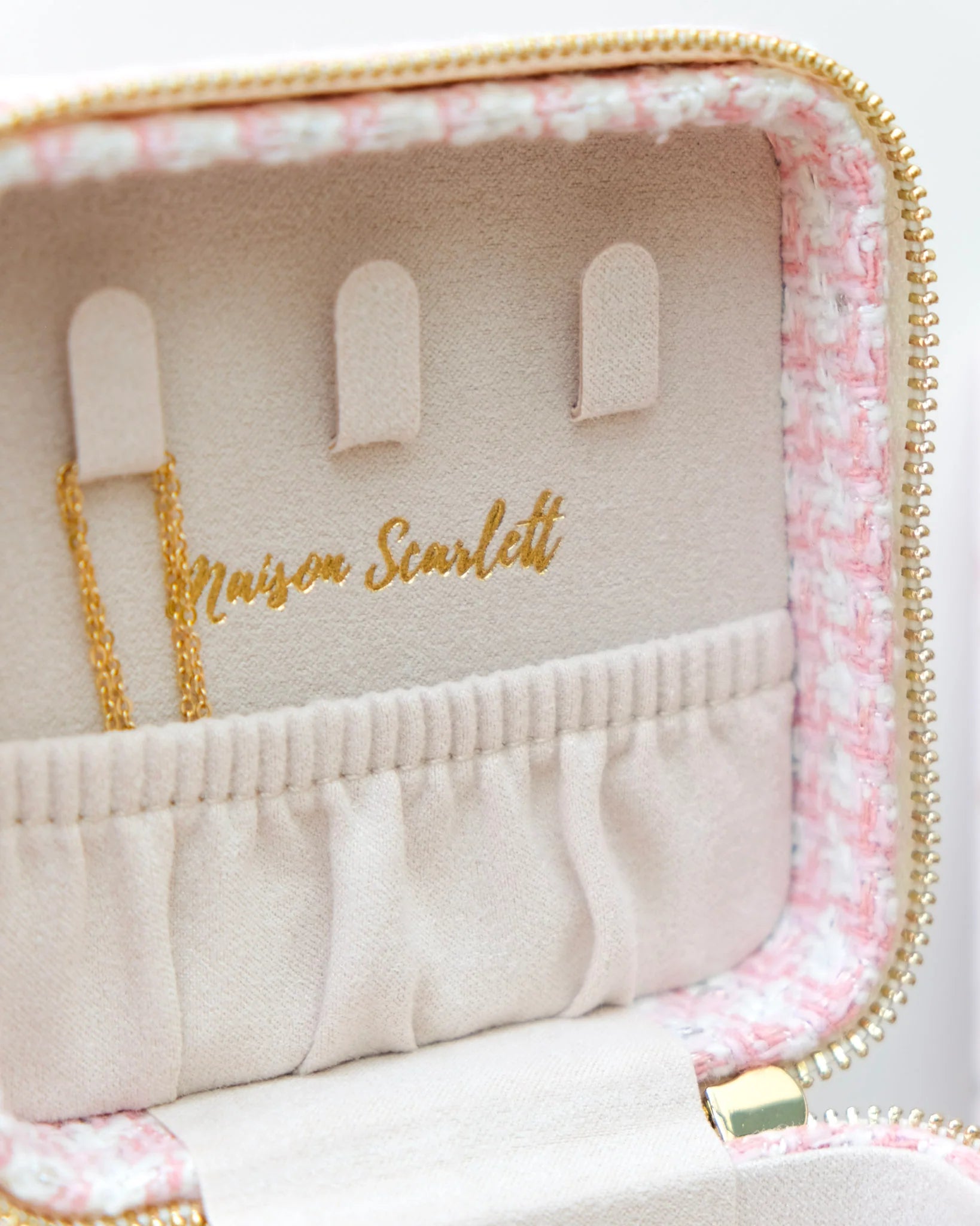 Boîte à bijoux de voyage Corinne en pied-de-poule rose - Margothe