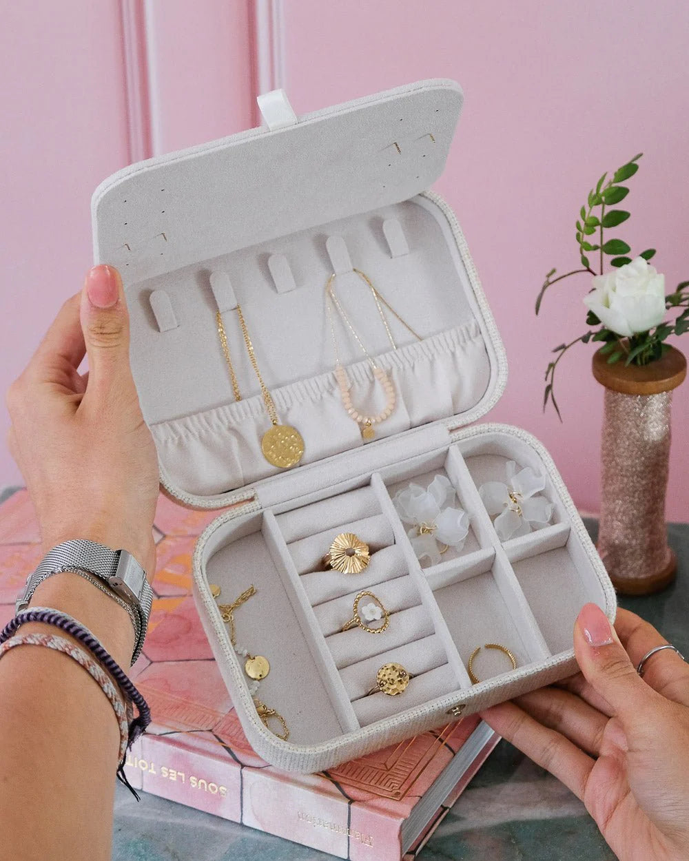 Boîte à bijoux de voyage Brigitte effet lin beige - Margothe