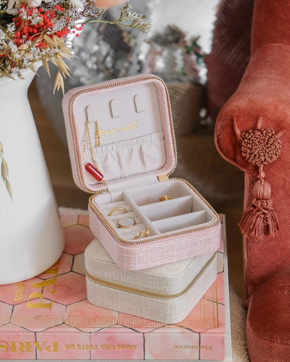 Boîte à bijoux de voyage Corinne effet lin beige - Margothe