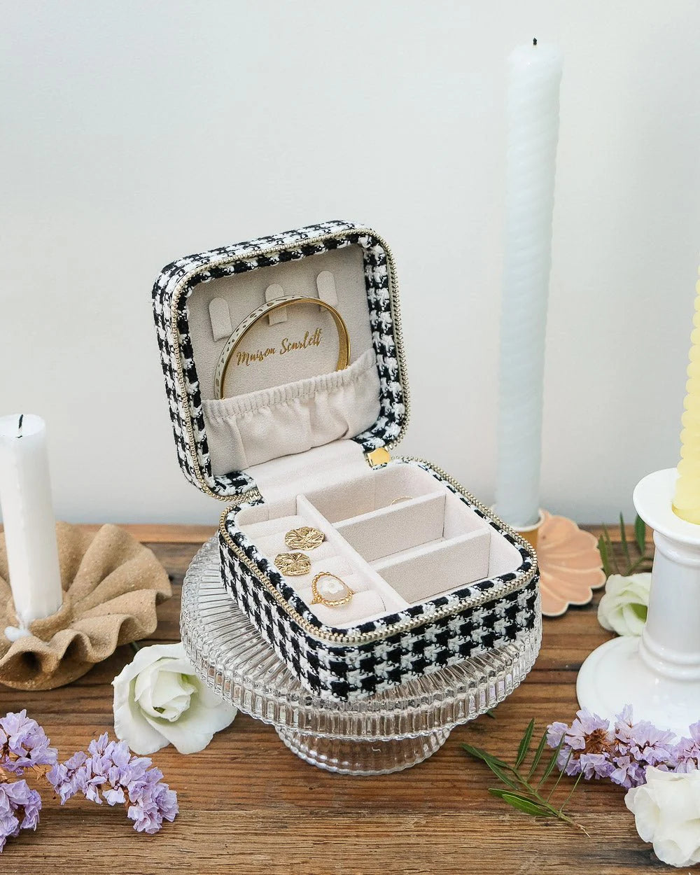 Boîte à bijoux de voyage Corinne en pied-de-poule noir - Margothe