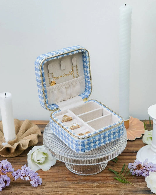 Boîte à bijoux de voyage Corinne en pied-de-poule bleu - Margothe