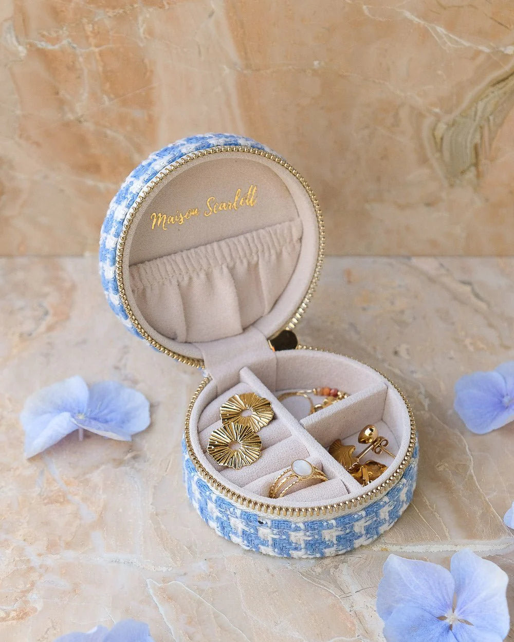 Boîte à bijoux de voyage Yvonne en pied-de-poule bleu - Margothe