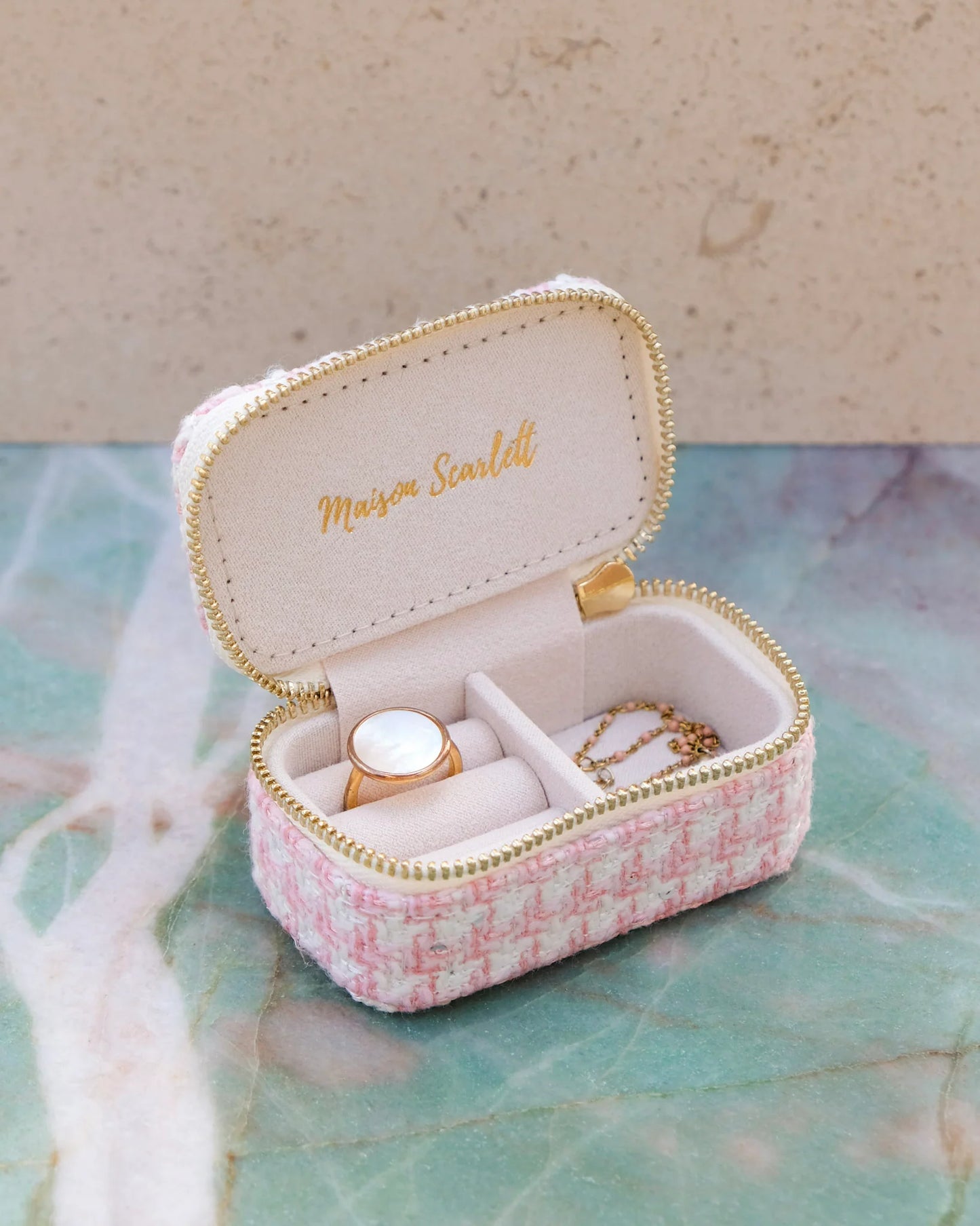 Mini boîte à bijoux de voyage Marie en pied-de-poule rose