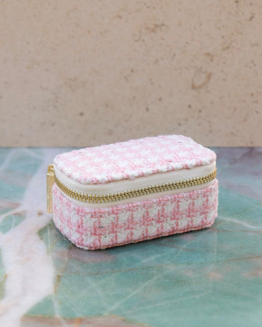 Mini boîte à bijoux de voyage Marie en pied-de-poule rose