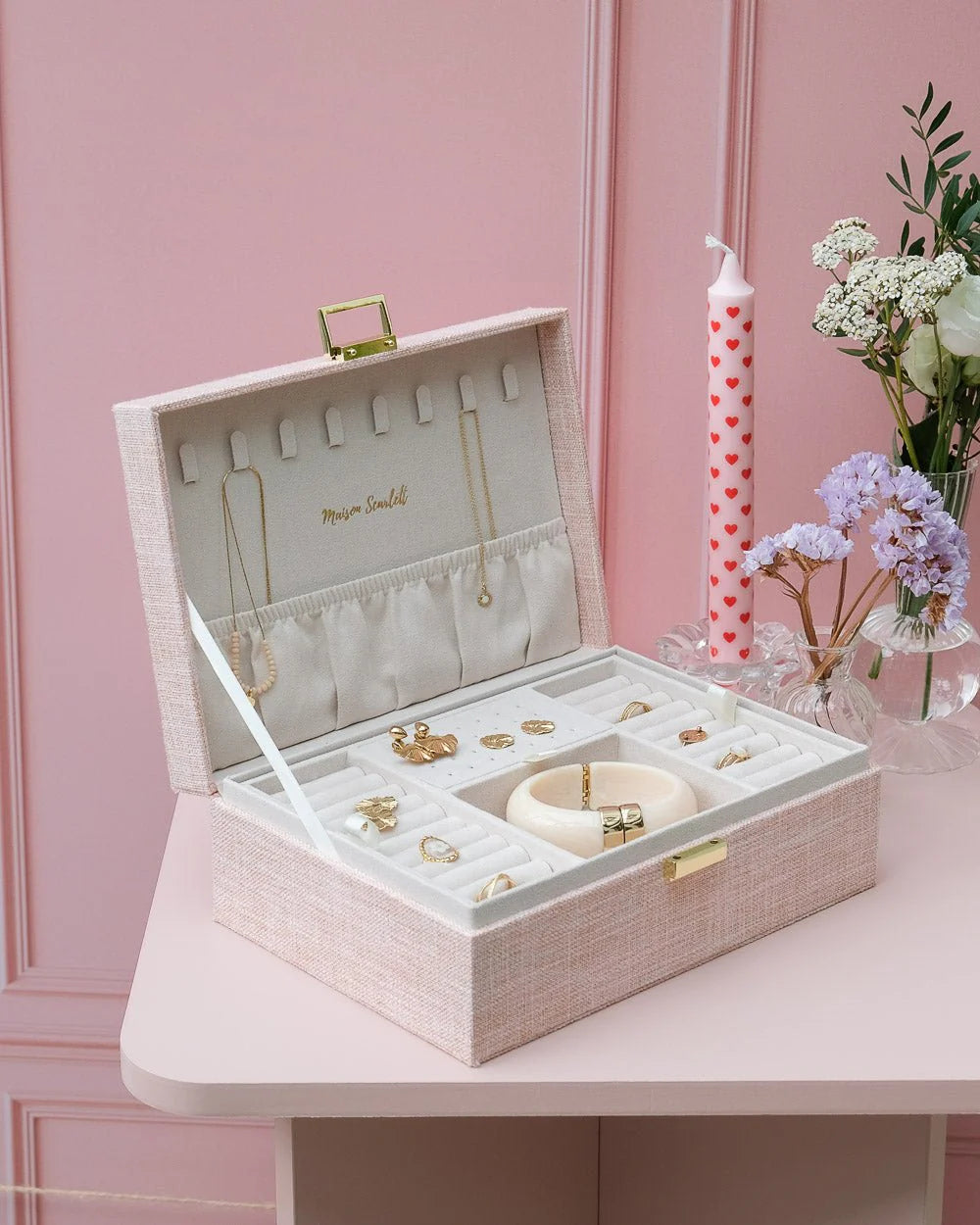 Boîte à bijoux Louise effet lin rose